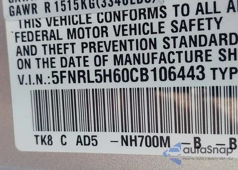 2012 Honda Odyssey Ex-L z USA, uszkodzony, nr VIN 5FNRL5H60CB106443